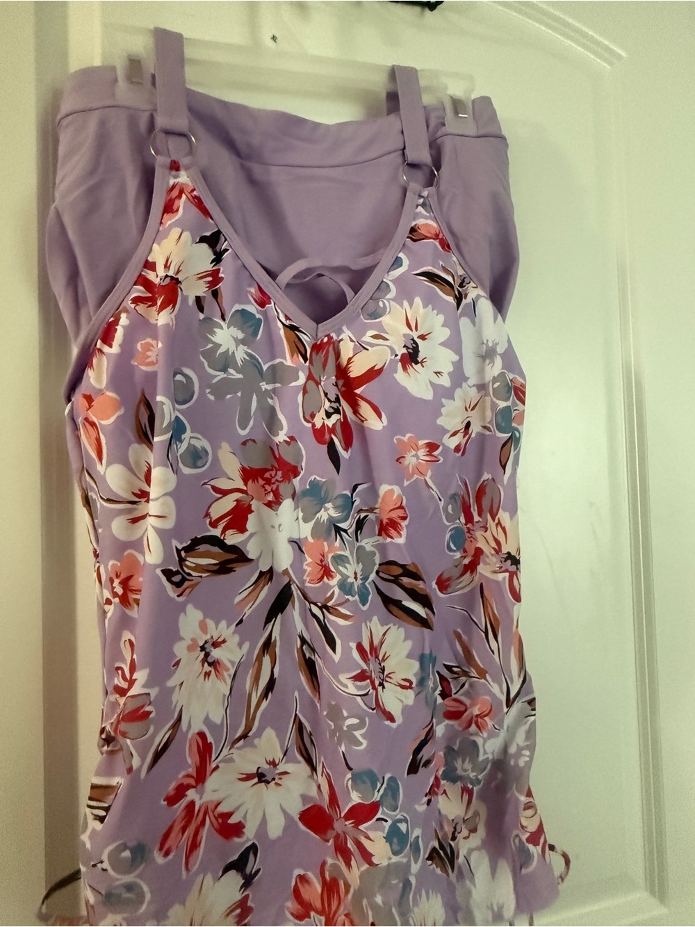 Floral V-Neck Lavender Swim Camisole with Adjustable Straps